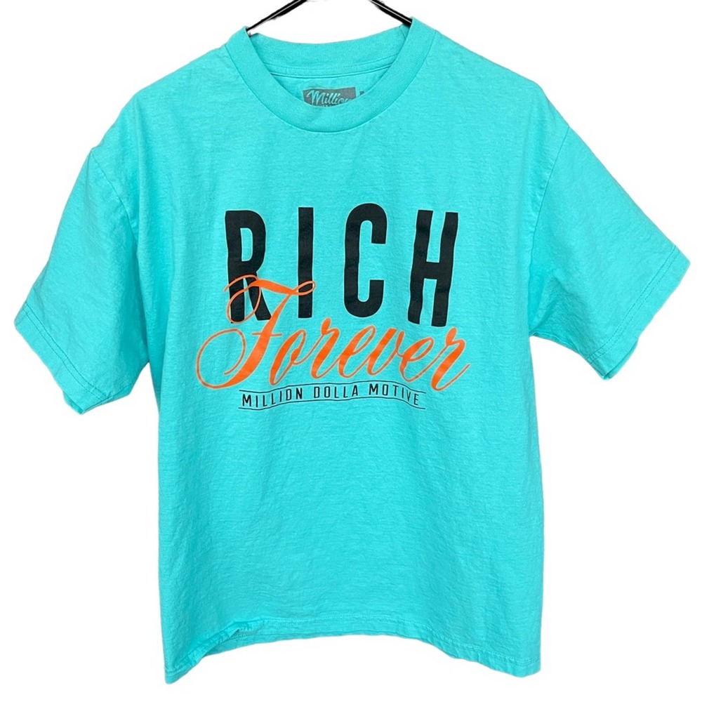 Million Dolla Motive Rich Forever Graphic T-Shirt Mens Large Teal Cotton USA